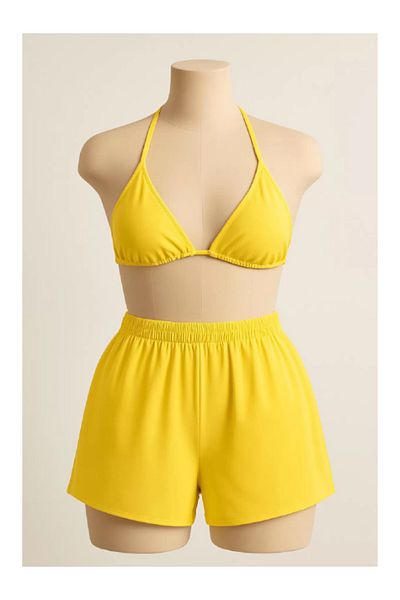 AmbrosiaSupply Women's Yellow Shorts Waist and Neck Tie Bikini Set