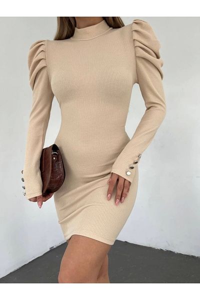 nedo7 Princess Shoulder Sleeve Button Dress -Beige