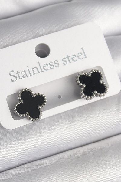Dazzlecave 316L Stainless Steel Four Leaf Detailed Earrings – Black Enamel, Minimal Chic, Tarnish-Free Steel Earrings