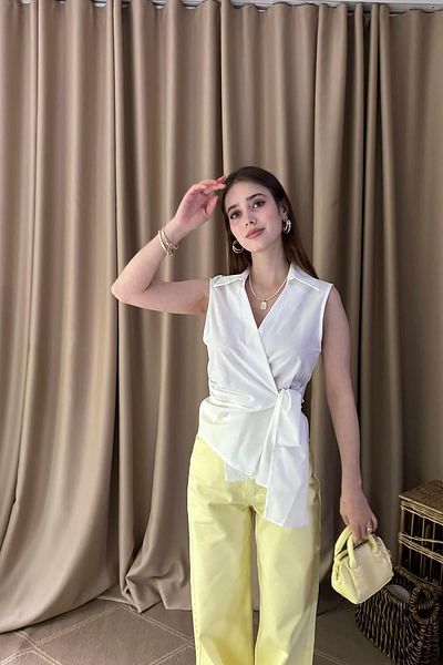 lizge giyim Kruvaze Collar Binding Detail Short Sleeve Shirt