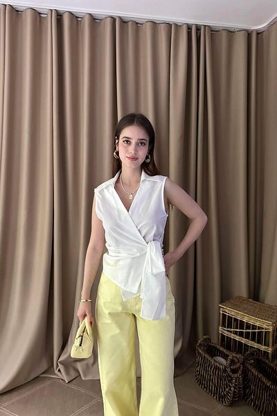 lizge giyim Kruvaze Collar Binding Detail Short Sleeve Shirt