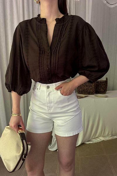 lizge giyim Nervür Detail Balloon Sleeve Shirt