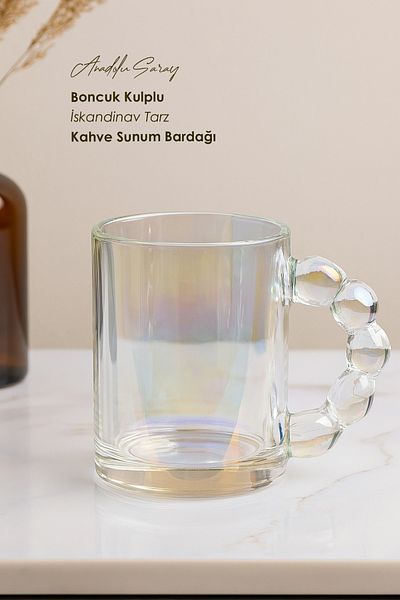 Anadolu Saray 1-Piece Heat-Resistant Borosilicate Bead Detailed Nordic Style Glass Coffee Presentation Cup with Handle