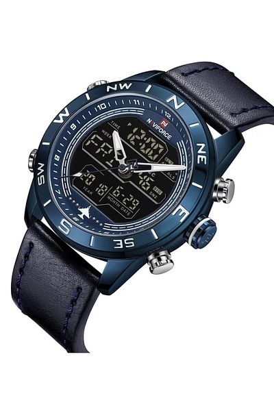 Naviforce Mens Aviation-Style Chronograph Watch Black Dial Leather Strap Blue Analog Digital Quartz Movement