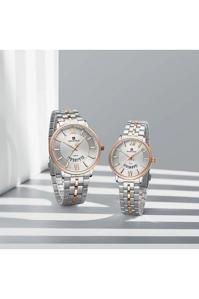 Naviforce Silver Rose Gold Couple Watches – Elegant Stainless Steel Timepieces