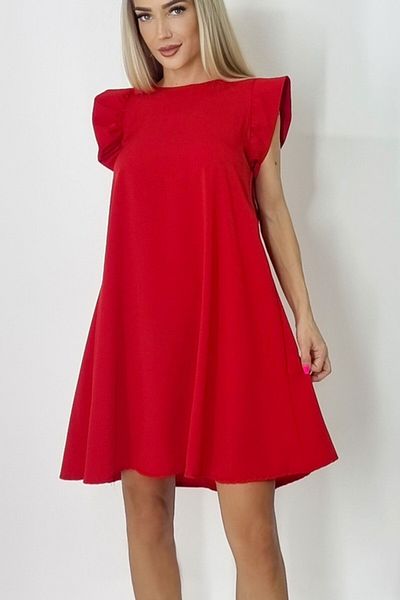 FashionForYou Azzuro wide dress, with puffed shoulders and A-line cut, Red, Size S/M/L