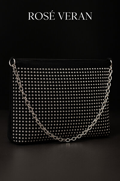 Rose Veran Poșetă Neagră cu Lanț Argintiu și Detalii cu Pietre – Rosé Veran