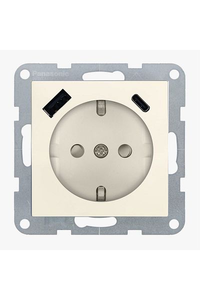 PANASONIC Schuko Socket with Child Protection and USB Ports (A+C) Quick Charge - Karre Plus 55 Beige