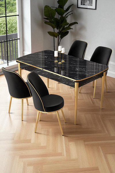 Canisa Nira Serisi 70x114 Mdf Siyah Mermer Desen Mutfak Masa Takımı 4 Siyah S...