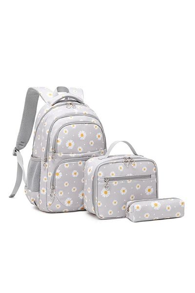OricareFain Set rucsac școlar cu penar și geantă, NEVERMORE, imprimeu cu margarete, rezistent la apă, 43 x 29 x 16