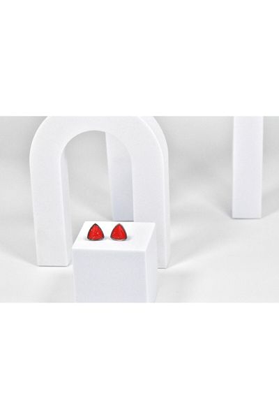 NARRU Handmade earrings, stylized triangle, red and silver, Vasia