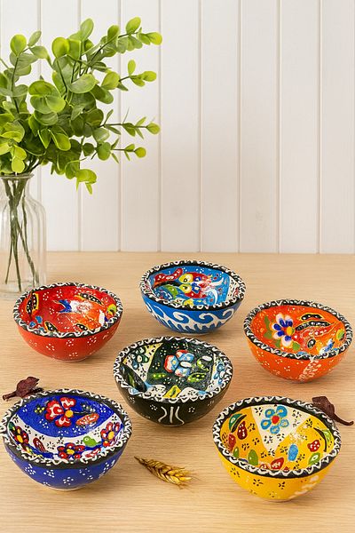 Anadolu Saray طقم أوعية سيراميك منقوشة أصلية من بيتولا مصنوعة يدويًا (8 سم - 6 قطع)