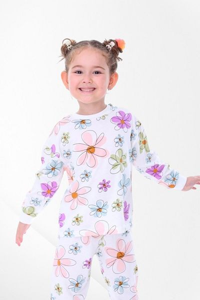 Pajama Shop Girls' 100% Cotton Fabric Flower Pattern White Long Sleeve Winter Pajamas Set
