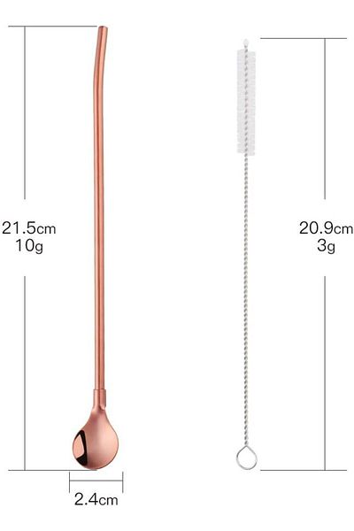 Elista Latte Spoon with Straw 6 Pieces Bronze Color Cocktail Spoon and Cleaning Brush, 22 cm