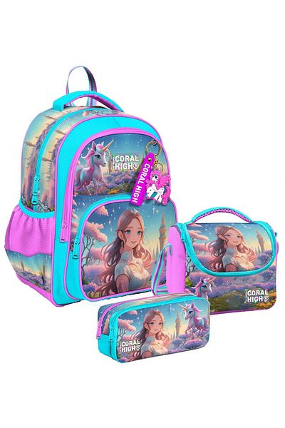 Coral High Three Compartment Turquoise Pink Anime Girl, Girl, Primary School Triple School Bag Set