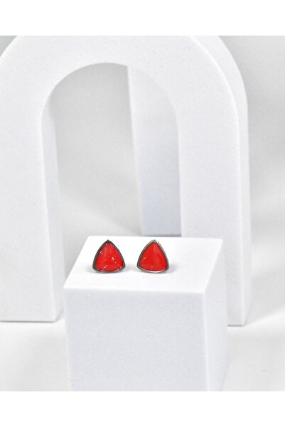 NARRU Handmade earrings, stylized triangle, red and silver, Vasia