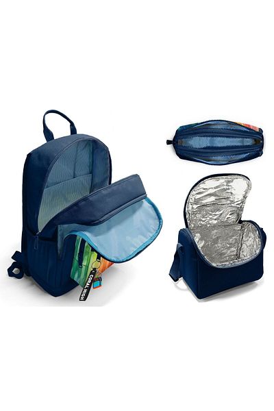 Coral High Primary and Secondary School School Bag Trio - Boy, Navy Blue Multi-Colored Line Pattern