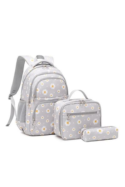 OricareFain Set rucsac școlar cu penar și geantă, NEVERMORE, imprimeu cu margarete, rezistent la apă, 43 x 29 x 16