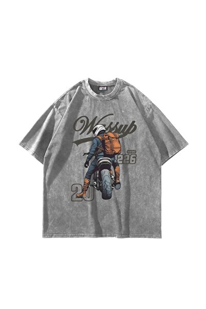 Bak Moda Tricou alb lavabil unisex oversize cu imprimeu Motor Rider