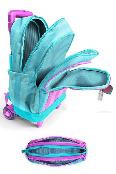 Coral High Girl's Lighted Wheel, Turquoise Pink Striped Printed, Primary School Rickshaw Bag and Pen