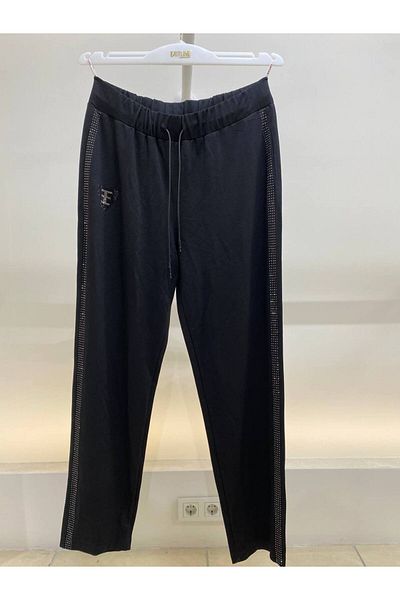EXİTLİNE Women's Summer Black Tracksuit with Drawstring Waist and Stones on the Sides