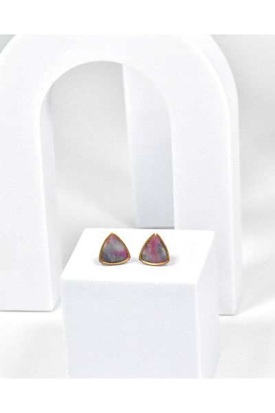 NARRU Handmade earrings, stylized triangle, pink, turquoise and gold, Vasia