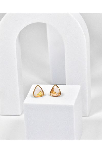 NARRU Handmade earrings, stylized triangle, white and gold, Vasia