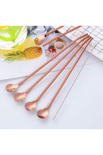 Elista Latte Spoon with Straw 6 Pieces Bronze Color Cocktail Spoon and Cleaning Brush, 22 cm