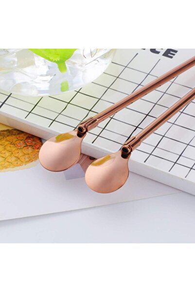 Elista Latte Spoon with Straw 6 Pieces Bronze Color Cocktail Spoon and Cleaning Brush, 22 cm