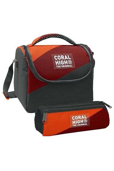 Coral High Boy's Orange Burgundy Gray Colored Thermo Lunchbox and Three Compartment Pencil Bag