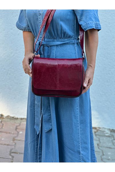 Deribag Piele autentică, mărime medie, roșu claret, curea încrucișată, geantă de umăr pentru femei 25*21*8 cm