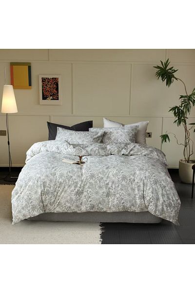 Pucioasa 100% cotton bed linen with elastic, grey with flowers