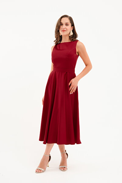 Lafaba Γυναικείο βραδινό φόρεμα μίντι με χοντρό λουράκι σε μπορντό χρώμα