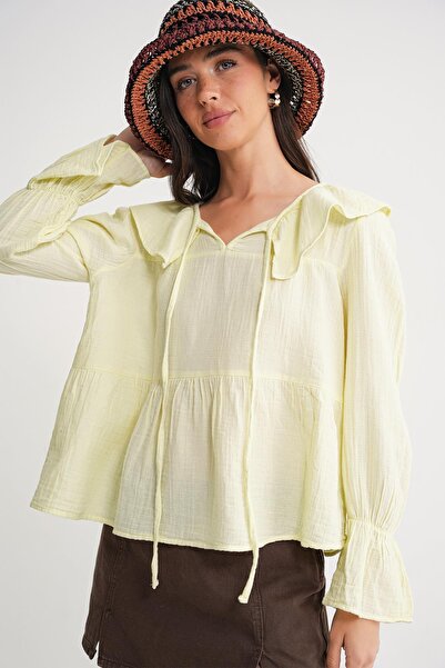 Mixray 4714 Γυναικεία μπλούζα μουσελίνας με φαρδιά πέτο παστέλ κίτρινο