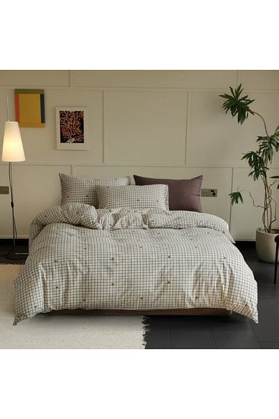 Pucioasa 100% cotton bed linen, knitted with elastic, brown with checks