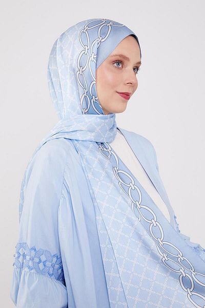 Levidor Baby Blue Square Chain Patterned Brand Shawl
