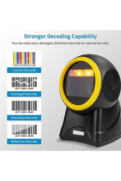 divendi-ro Barcode scanner with USB cable, 1D 2D QR, Omnidirectional, black-yellow