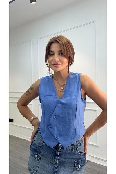 Daves Buttoned Linen Vest -Blue