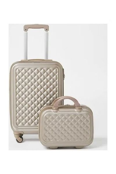 rexa 4-Piece Textured Checkered Luggage Trolley Set – Champagne, Durable & Stylish Travel Suitcases