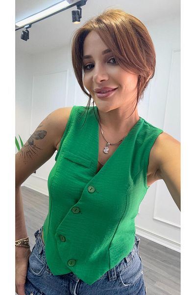 Daves Vestă de in cu nasturi -Verde