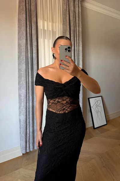 Tuba Butik Boat Neck Lace Long Dress