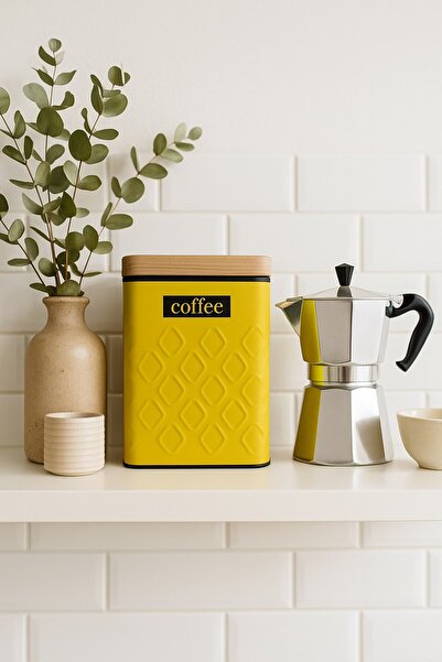 Arma House 1 Piece Seersucker Yellow Coffee Storage Box & Jar with Wooden Look Metal Lid 17*11*8 cm