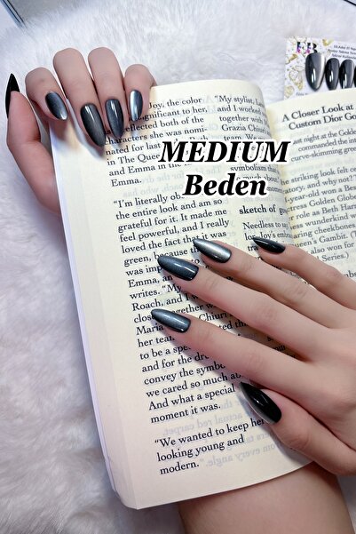 Easy Beauty MEDIUM Beden Siyah Kedi Gözü Tırnak Orta Badem 10 Adet Takma Tırn...