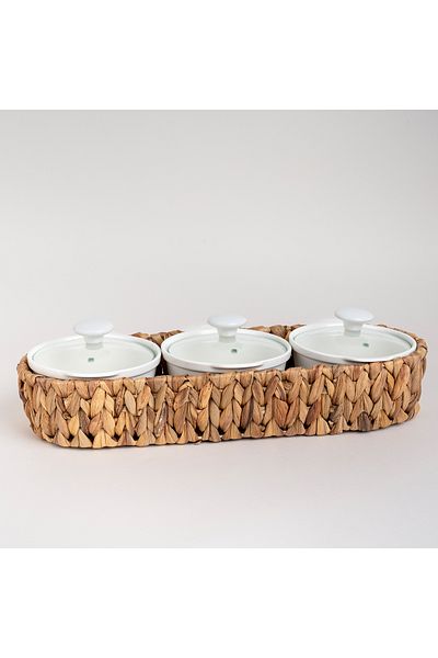 LA MESA Porcelain 3Pcs Round Casseroles With Lid And Rattan Basket