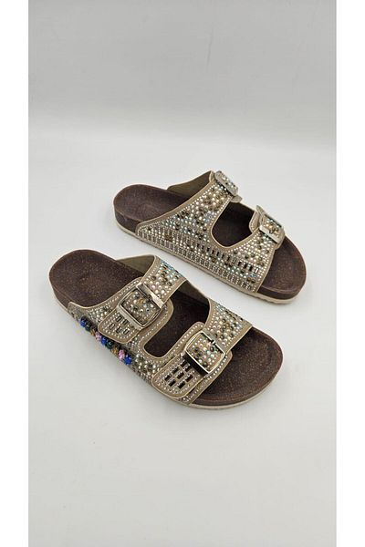 kalyoncu moda Mia Beige Colored Shiny Stone Women's Slippers