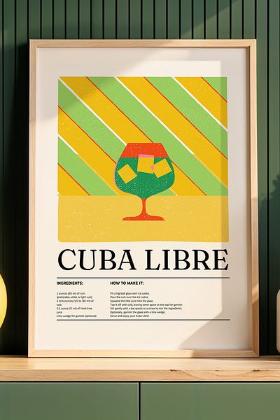 HİGUERA Cocktail BAR Cuba Libre Tablou de perete de bucătărie cu cadru din lemn natural