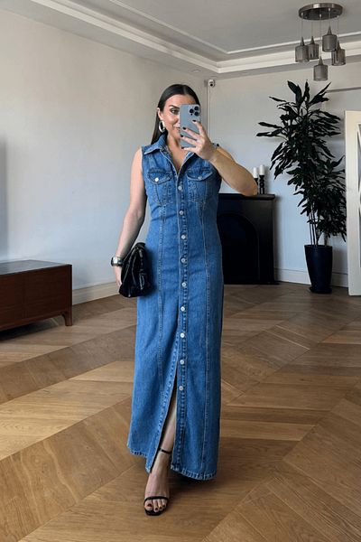 Tuba Butik Zero Sleeve Denim Long Shirt Dress