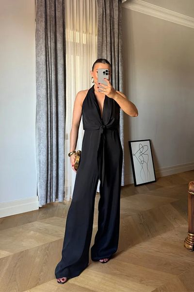 Tuba Butik Long Women's Jumpsuit with Tie Detail
