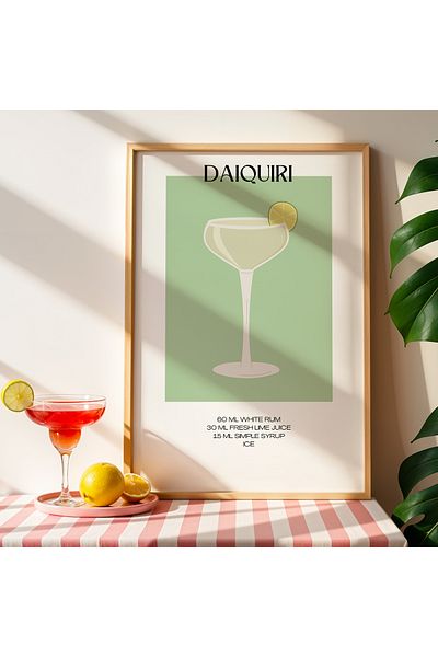 HİGUERA Daiquiri Cocktail BAR cu fundal verde Tablou de perete de bucătărie cu cadru din lemn natural