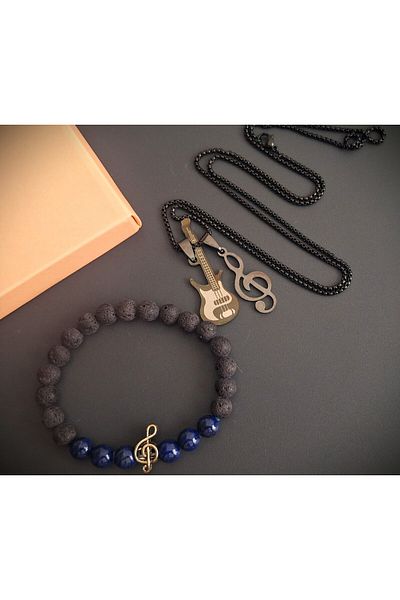 voyageaccessory Music Enthusiasts Triple Combination Music Theme Natural Stone Bracelet Guitar Necklace